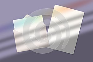 Realistic blank a4 paper sheet and letter in envelope with shadow overlay effect with rainbow lens flare. Transparent