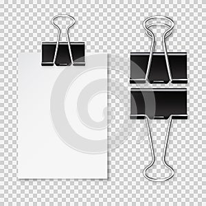 Realistic blank paper sheet with shadow in A4 format and black paper clip, binder isolated on checkered background