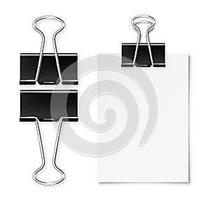 Realistic blank paper sheet with shadow in A4 format and black paper clip, binder isolated on white background. Design