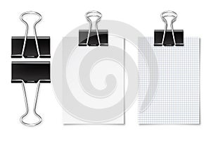 Realistic blank paper sheet with shadow in A4 format and black paper clip, binder isolated on white background. Design