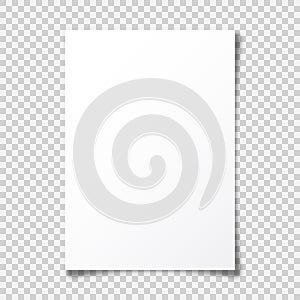 Realistic blank paper sheet with shadow in A4 format on transparent background. Notebook or book page with curled corner
