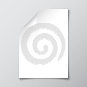 Realistic blank paper sheet with shadow in A4 format. Notebook or book page with curled corner. Vector illustration.