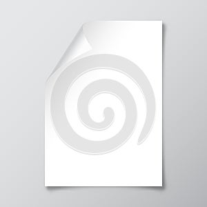 Realistic blank paper sheet with shadow in A4 format. Notebook or book page with curled corner. Vector illustration.