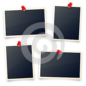 Realistic blank photo card frame, film set. Retro vintage photograph with red push pins. Digital snapshot image