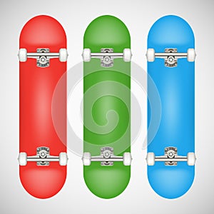 Realistic blank skateboard template - red, green, blue