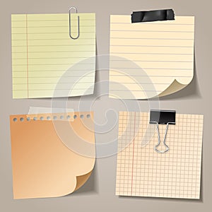 Realistic blank sticky notes with clip binder and adhesive tape. Colored sheets of note papers. Paper reminder. Vector