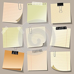 Realistic blank sticky notes with clip binder and adhesive tape. Colored sheets of note papers. Paper reminder. Vector