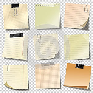 Realistic blank sticky notes with clip binder and adhesive tape. Colored sheets of note papers. Paper reminder. Vector