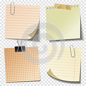 Realistic blank sticky notes with clip binder and adhesive tape. Colored sheets of note papers. Paper reminder. Vector