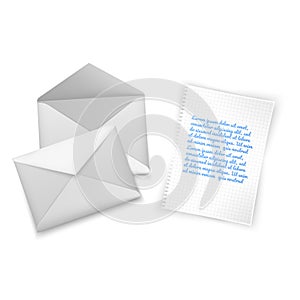 Realistic blank white letter paper C5 or C6 envelope front view, template open and closed, vector illustration