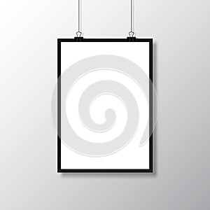 Realistic blank white paper hanging on clip. Mockup template. Vertical empty sheet with shadow. Vector illustration