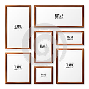 Realistic blank wooden picture frames collection. Modern poster mockup. Empty photo frame with texture of wood. Art