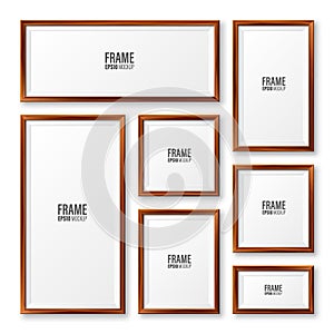 Realistic blank wooden picture frames collection. Modern poster mockup. Empty photo frame with texture of wood. Art