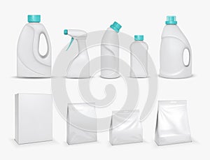 Realistic , bleach, softener in bottle. Washing powder, fabric cleaner product mockup vector set