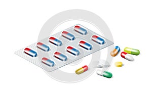 Realistic blister with colorful pills. 3d medical tablets for illness and pain treatment