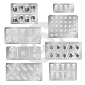 Realistic blister packs pills. Medical tablet capsules painkiller drugs vitamin antibiotic aspirin. Medicine packing photo