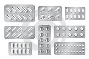 Realistic blisters. Medicine pill and capsule packs, white 3D drugs and vitamins isolated mockup. Vector pharmacy set
