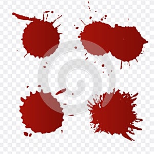 Realistic blood splatters and blood drops set. Splash red ink. illustration isolated on transparent background