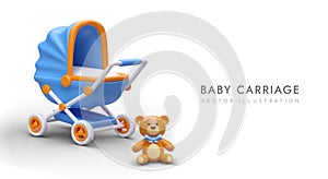 Realistic blue baby carriage, cute toy bear with bow. Color banner for store of children goods