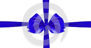 Realistic blue bow. Ribbon on white background. Vector illustration.