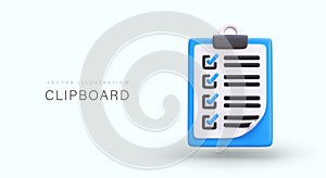 Realistic blue clipboard with attached page. Document with filled in items