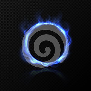 Realistic blue fire circle. Ring of blue fire with shiny flame effect. Vector burning round on black transparent