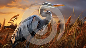 Realistic Blue Heron Illustration In Richly Colored Skies