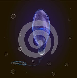 Realistic, blue lightening poisonous jellyfish in dark deep water with bubbles,
