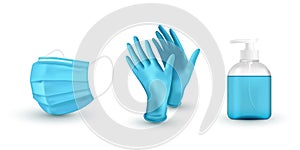 Realistic blue medical face mask, medical latex gloves and sanitizer. Virus protection. Vector illustration.