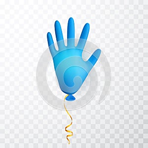 Realistic blue medical latex glove balloon. Shine helium balloon made from medical latex glove. Vector illustration