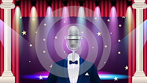 Realistic blue metal microphone in tuxedo.