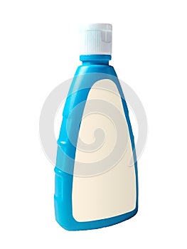 Realistic Blue Plastic Bottle With White Label on Isolated White Background. Eye Level angle