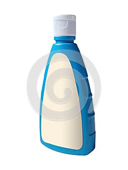 Realistic Blue Plastic Bottle With White Label on Isolated White Background. Eye Level angle