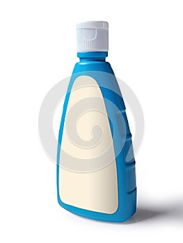 Realistic Blue Plastic Bottle With White Label on Isolated White Background with shadow. Eye Level angle