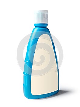 Realistic Blue Plastic Bottle With White Label on Isolated White Background with Shadow. Eye Level angle
