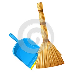 Realistic blue plastic dustpan with broom for cleaning garbage. Vector illustration.