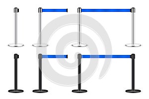 Realistic blue retractable belt stanchion. Crowd control barrier posts with caution strap. Queue lines. Restriction