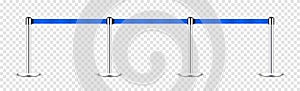 Realistic blue retractable belt stanchion. Crowd control barrier posts with caution strap. Queue lines. Restriction