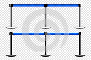 Realistic blue retractable belt stanchion. Crowd control barrier posts with caution strap. Queue lines. Restriction