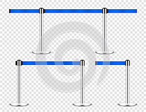 Realistic blue retractable belt stanchion. Crowd control barrier posts with caution strap. Queue lines. Restriction