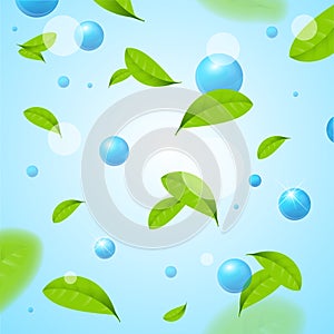 Realistic Blue Sphere or Bubble Elements and Fly Green Leaves Background. Vector