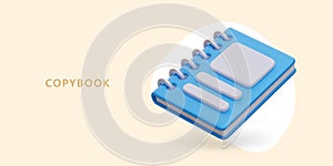 Realistic blue spring notebook. Copybook with blank cover, mockup