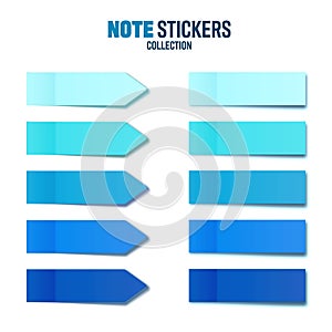 Realistic blue sticky notes collection. Arrow flag tabs. Post note stickers. Colorful sticky paper sheets. Vector