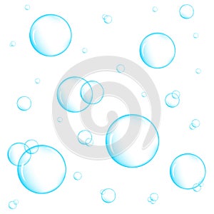 Realistic blue underwater bubbles on white background. Aquarium water stream, soap or cleanser foam. Vector illustration