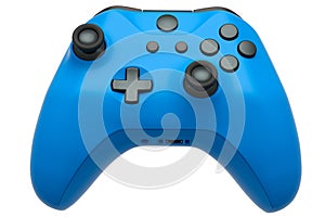 Realistic blue video game controller on white background