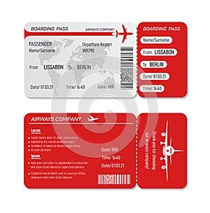 Realistic boarding pass. Plane tickets, flying trip namecard. Airplane board cards. Isolated paper ticket for travel or