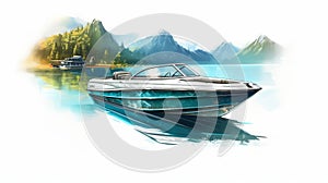 Realistic Boat Illustration With Mountains And Water