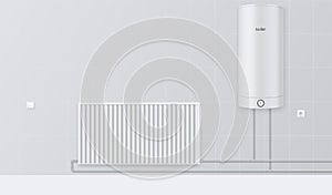 Realistic boiler connected to radiator vector illustration. Bathroom water heater heating system