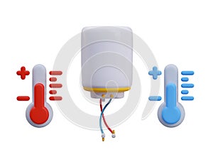 Realistic boiler with tubes for hot and cold water, red and blue thermometer