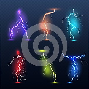 Realistic bolt. Electricity colored symbols danger glowing light electric lamp decent vector set